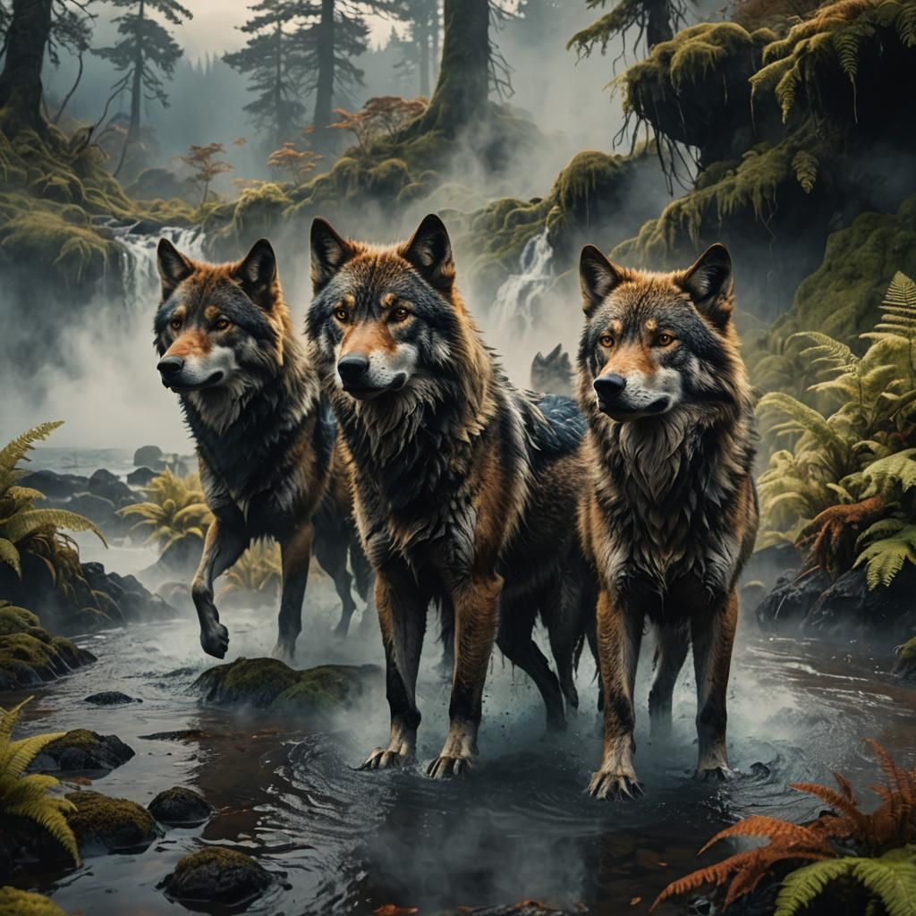 Majestic Wolves in Volcanic Hot Spring, Fantasy Art
