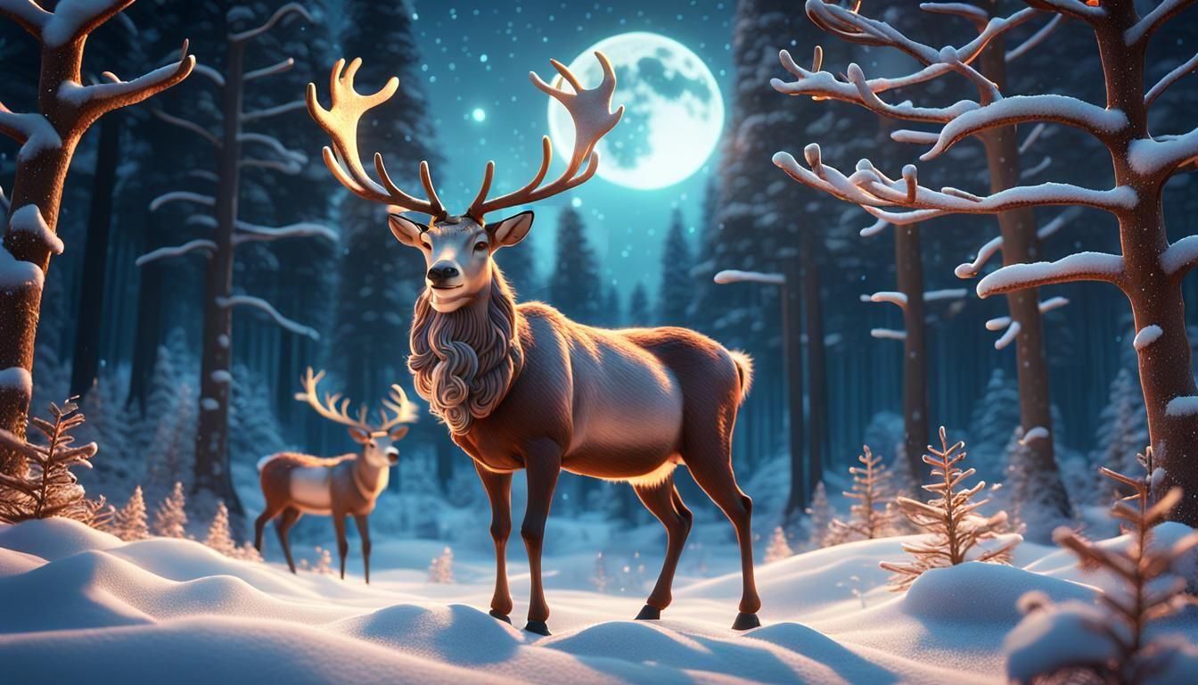 Magical Reindeer in Snowy Glade at Night