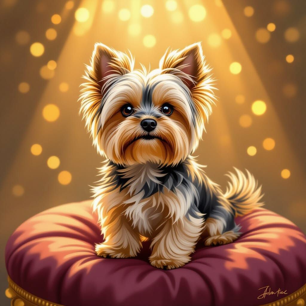 Golden Yorkie on Velvet Cushion, Illustrative Art