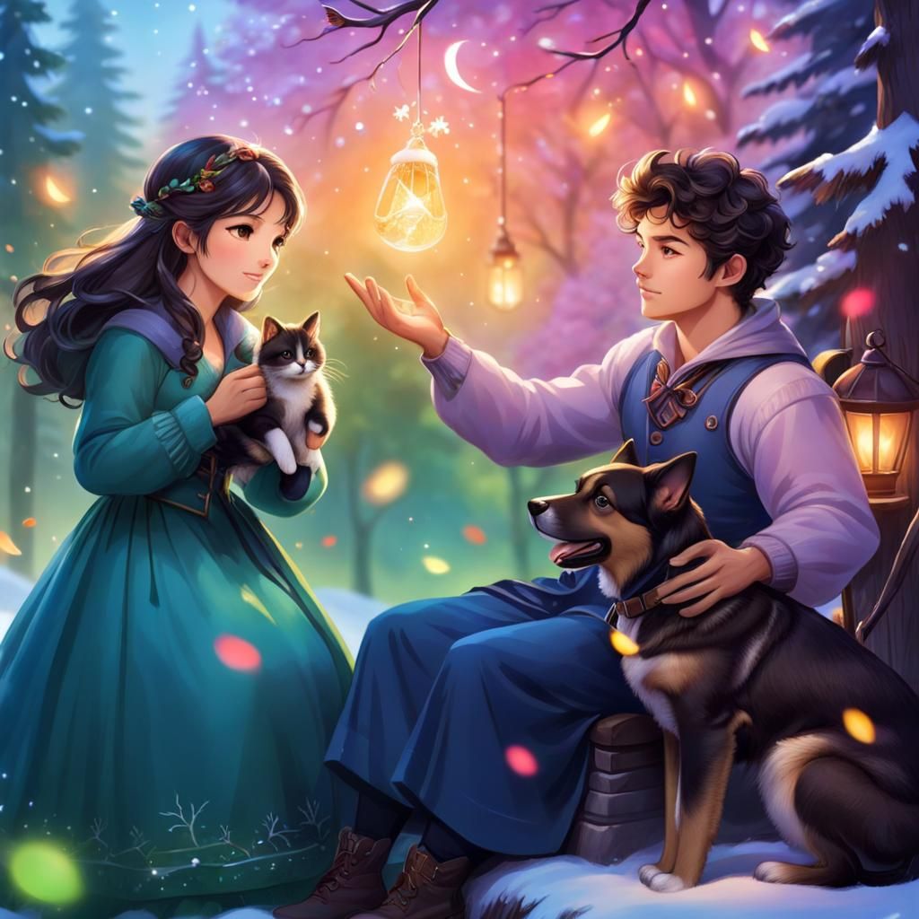 Ethereal Manga Boy with Fireflies in Botanical Garden