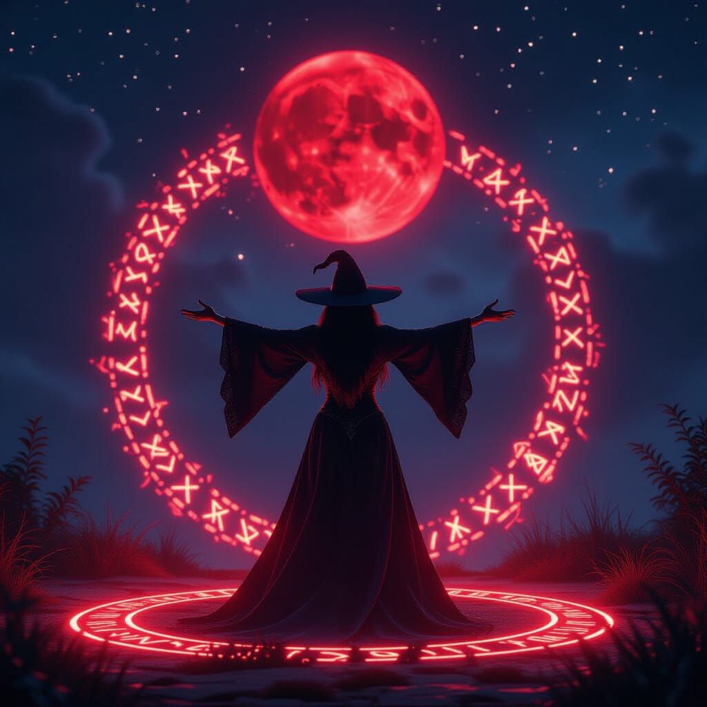 Witch Under Blood Moon in Glowing Rune Circle - Hyperrealist...