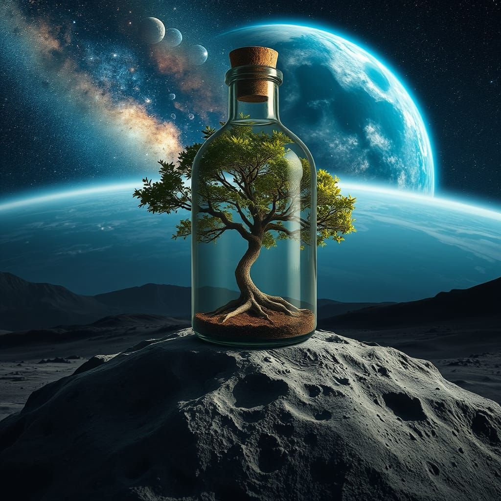 Surreal Lunar Scene with Tree in Bottle and Galaxy