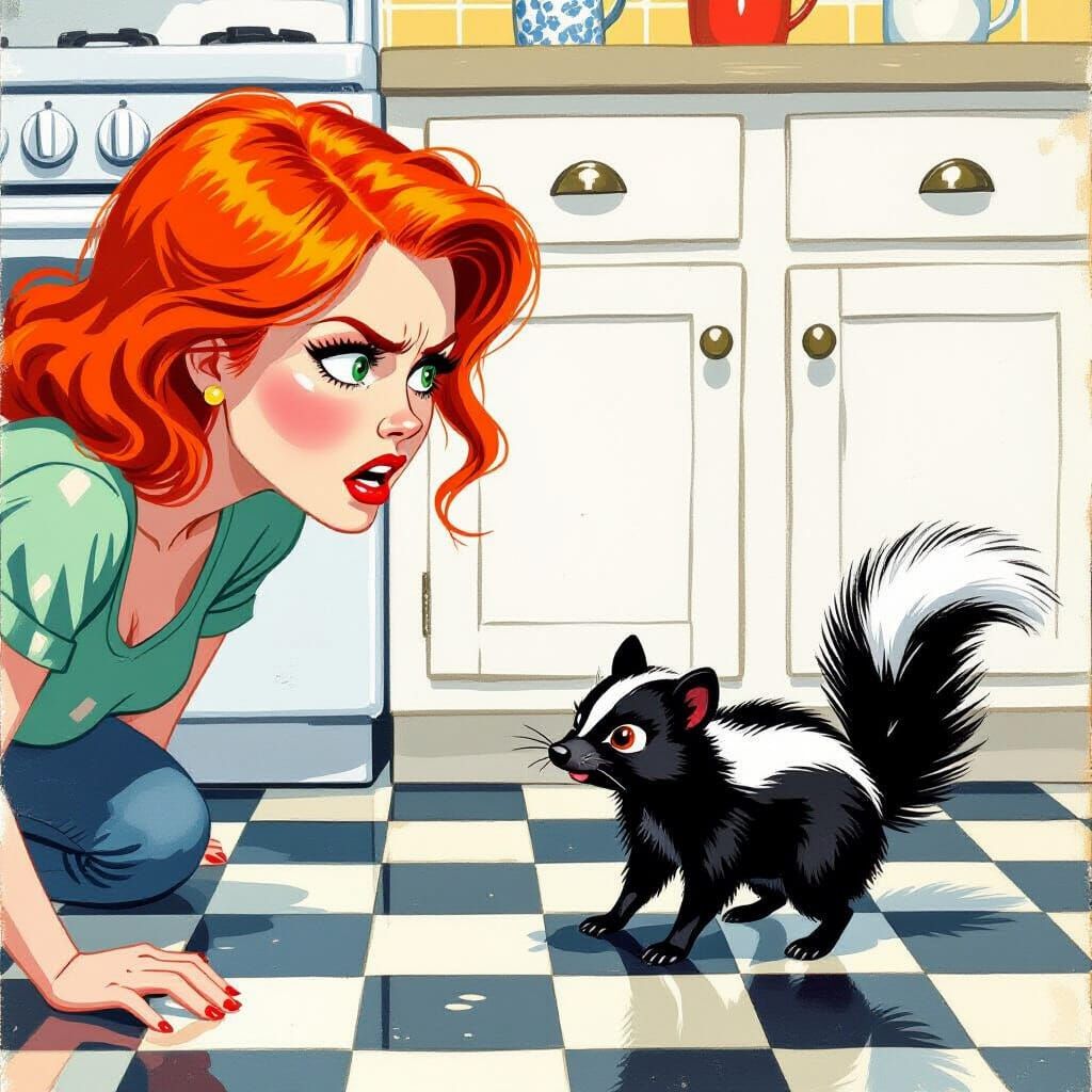 Woman's Fury at Skunk in Kitchen, Gouache Painting