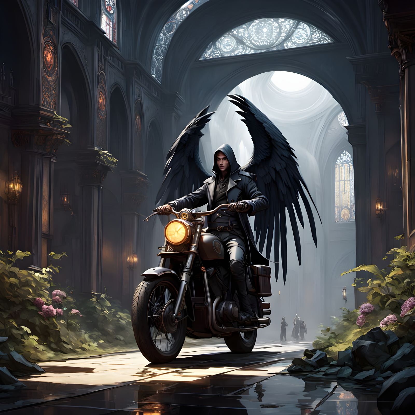 The Angel of Death in Tactical Wear, Riding a Futuristic Mot...