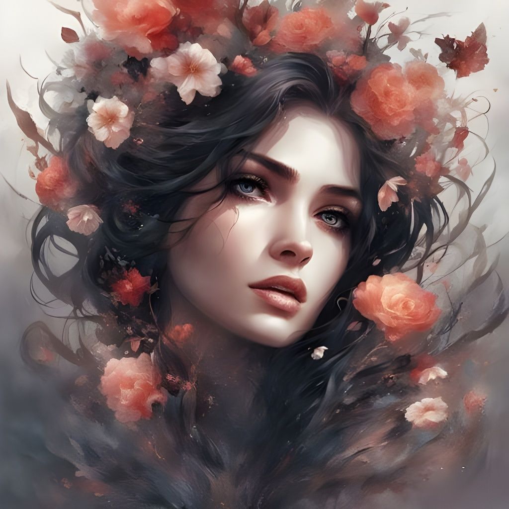 Beautiful Girl with Melting Floral Head, Detailed Portrait
