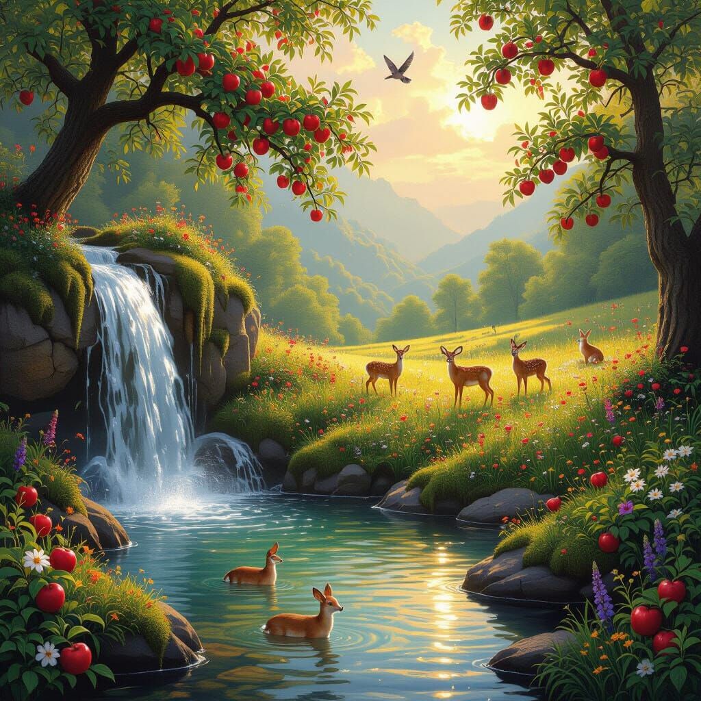Majestic Waterfall and Vibrant Meadow in Hyperrealistic Styl...