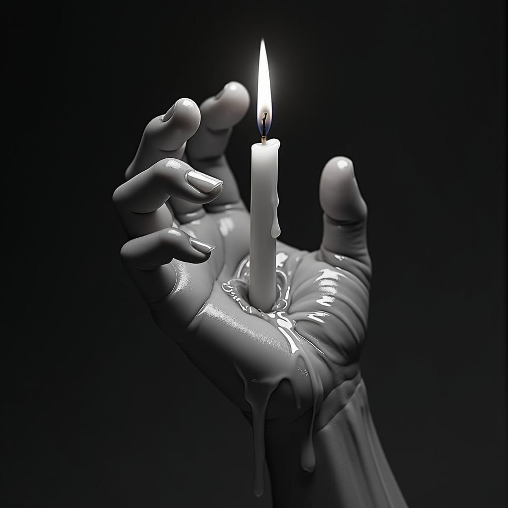 Monochromatic Wax Hand Dissolving into Candle