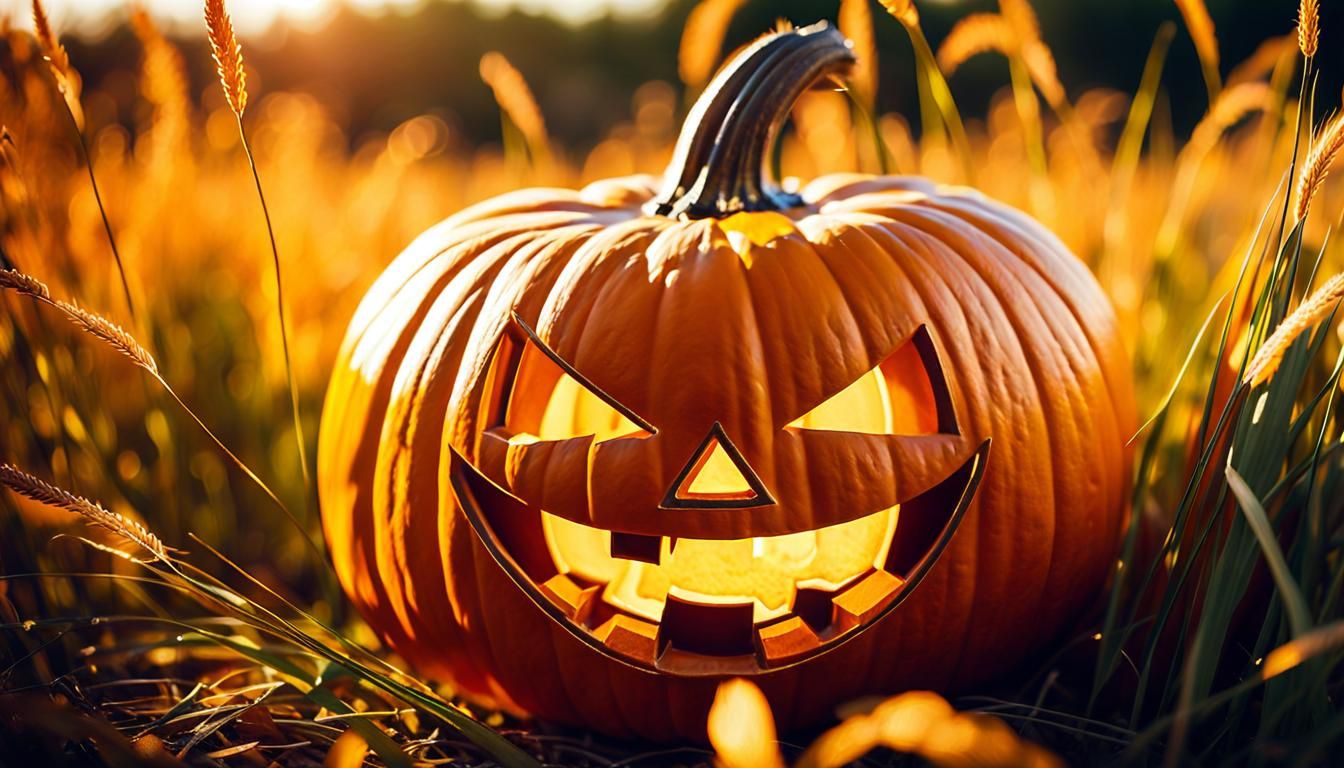 Smiling Jack-o-Lantern Pumpkin in Vibrant Oil Painting Style