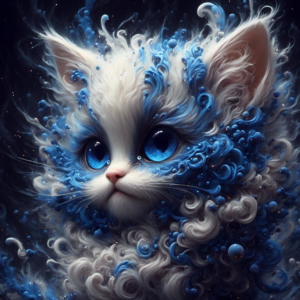 Cobalt Chibi Kitten with Sparkle Accents