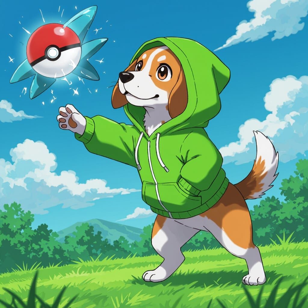 Beagle Ready to Catch Pokémon in Cartoon Style