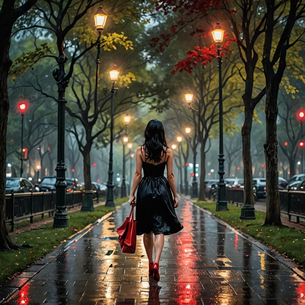 Rainy Night Impressionism: Woman in Red Heels
