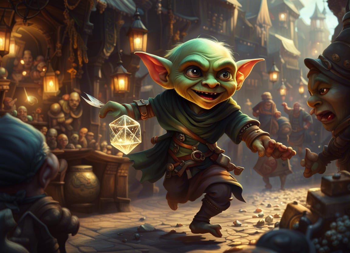 Goblin Thief Steals Diamond in Fantasy Marketplace
