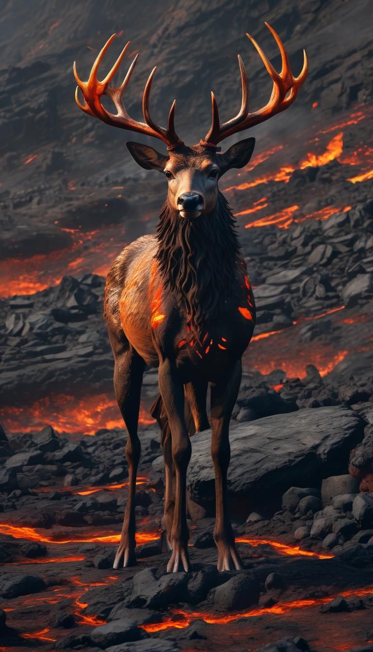 Fiery Deer Creature in Volcanic Landscape