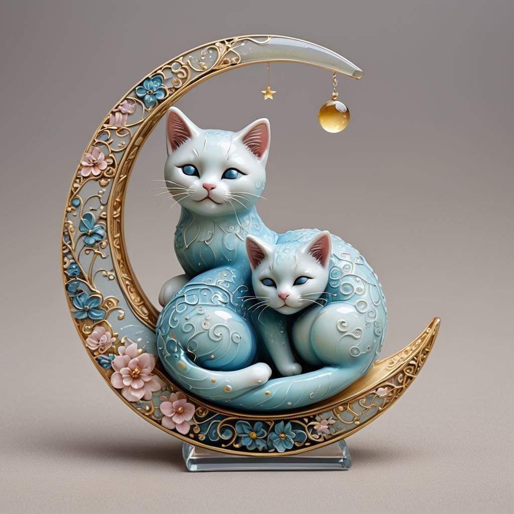 Enameled Glass Kitten Sleeping on Crescent Moon