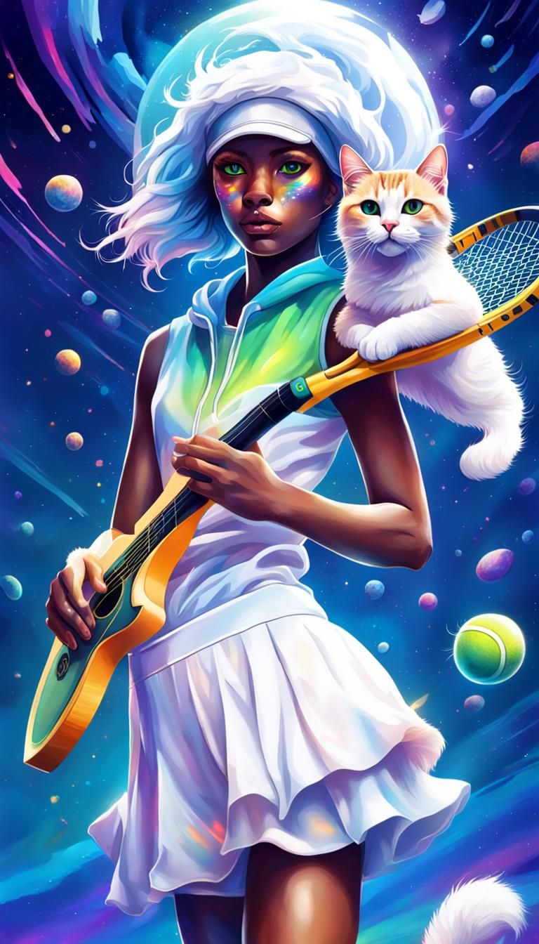 Cosmic Cat Serenade in White Tennis Outfit