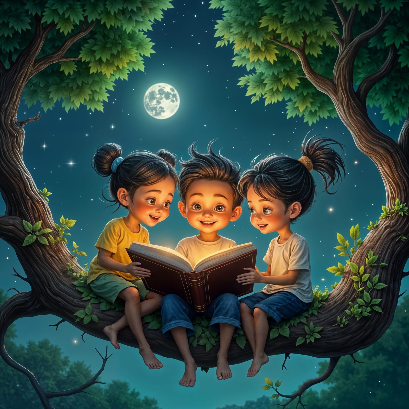 Cartoon Family Reading on Tree Branch at Night
