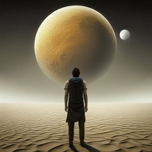 Desert Wanderer Gazing at Twin Moons