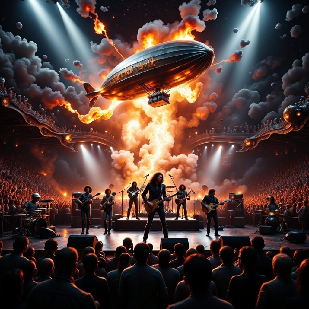 Fiery Led Zeppelin Airship Concert in Hyperreal Style