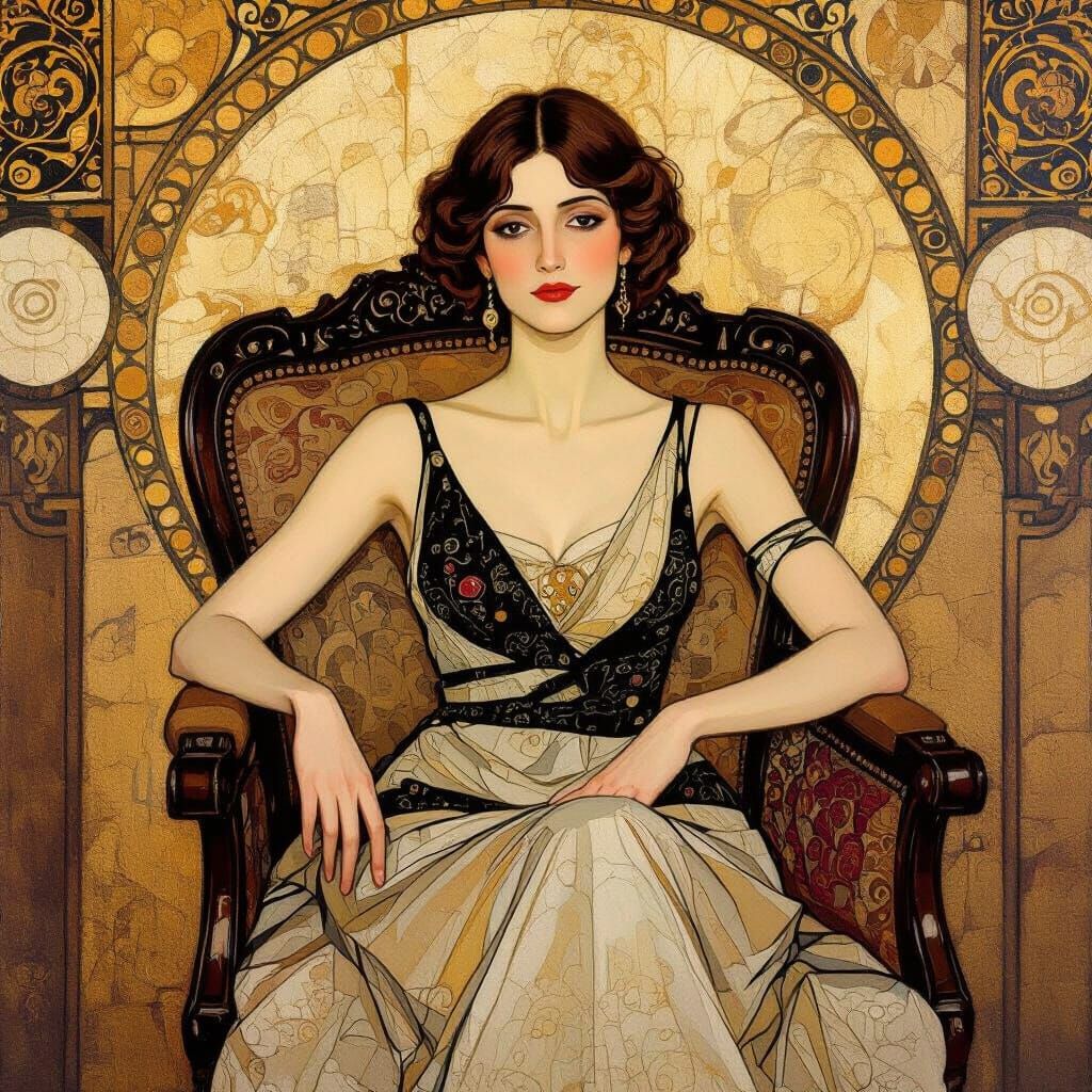 Elegant Woman in Vintage Chair, Art Nouveau Style