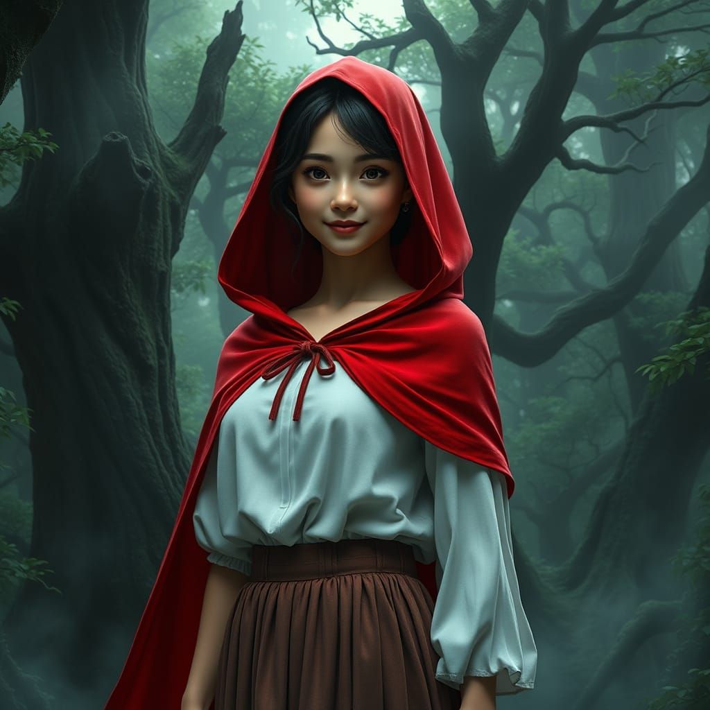 Mystical Forest Maiden in Vibrant Red Cape