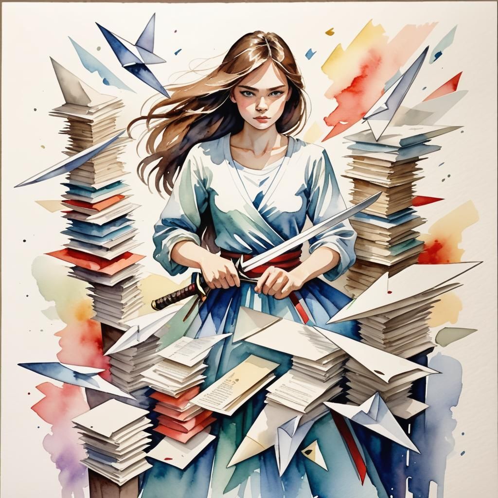 Woman Warrior Cuts Through Bureaucracy: Watercolor Painting