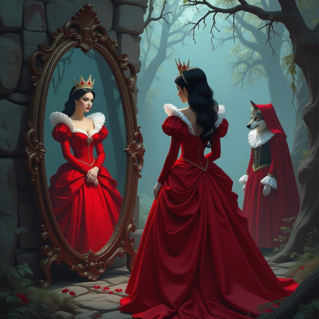 Queen of Hearts Mirror Reflection in Dark Fairytale Scene