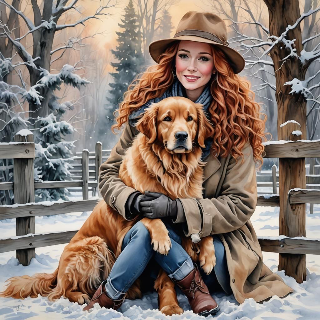 Woman and Dog in Snowy Scene as Watercolor Acrylic
