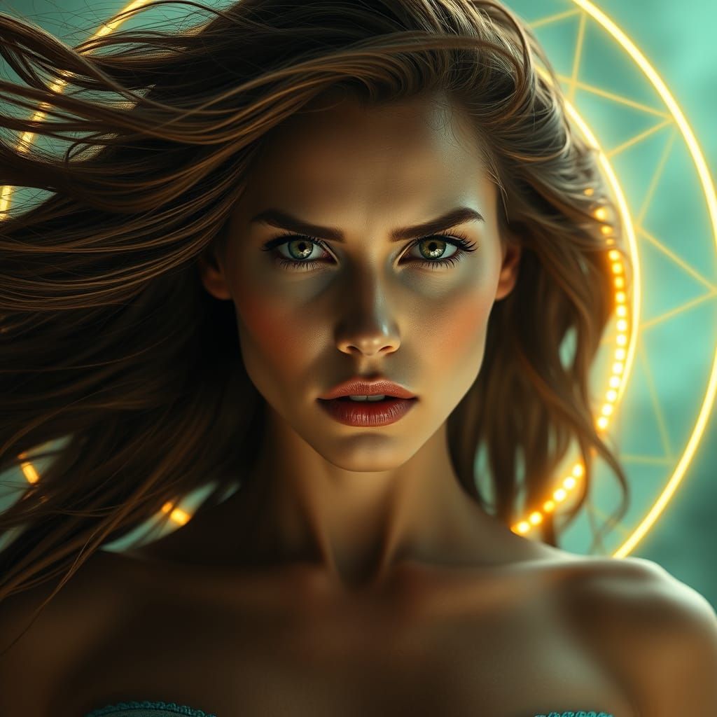 Mythic Woman's Dramatic Portrait with Art Nouveau Arcs