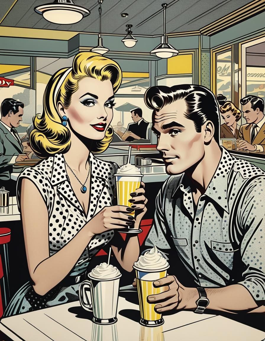 Retro Diner Couple in Lichtenstein Comic Art Style