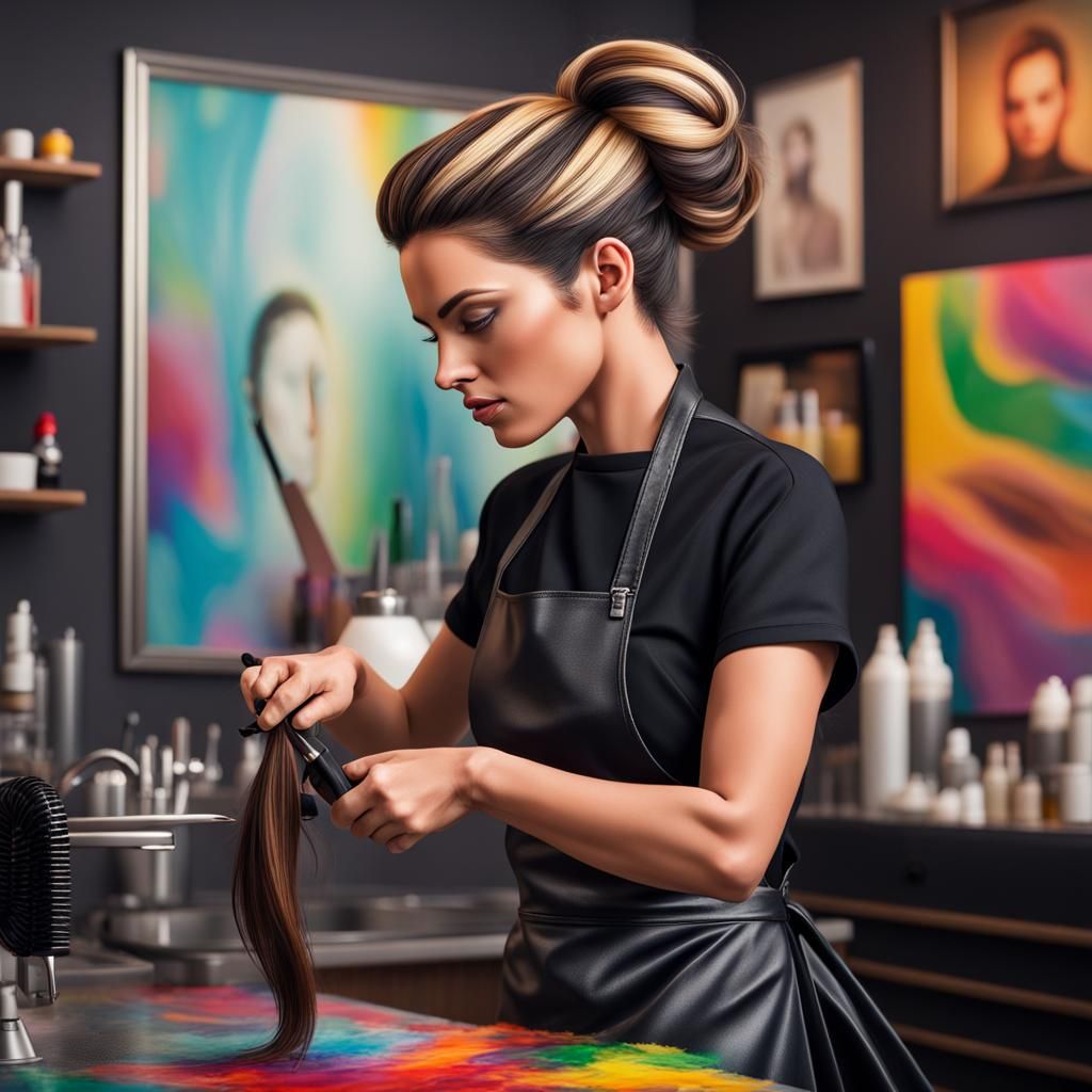 Hyperrealistic Hairdresser in Colorful Salon