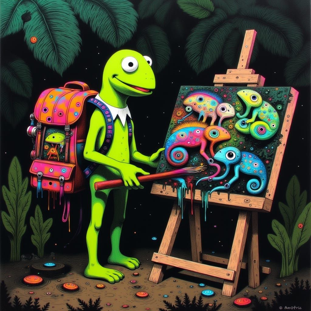 Kermit Camps and Paints Neon Chameleons, Primitive Realism