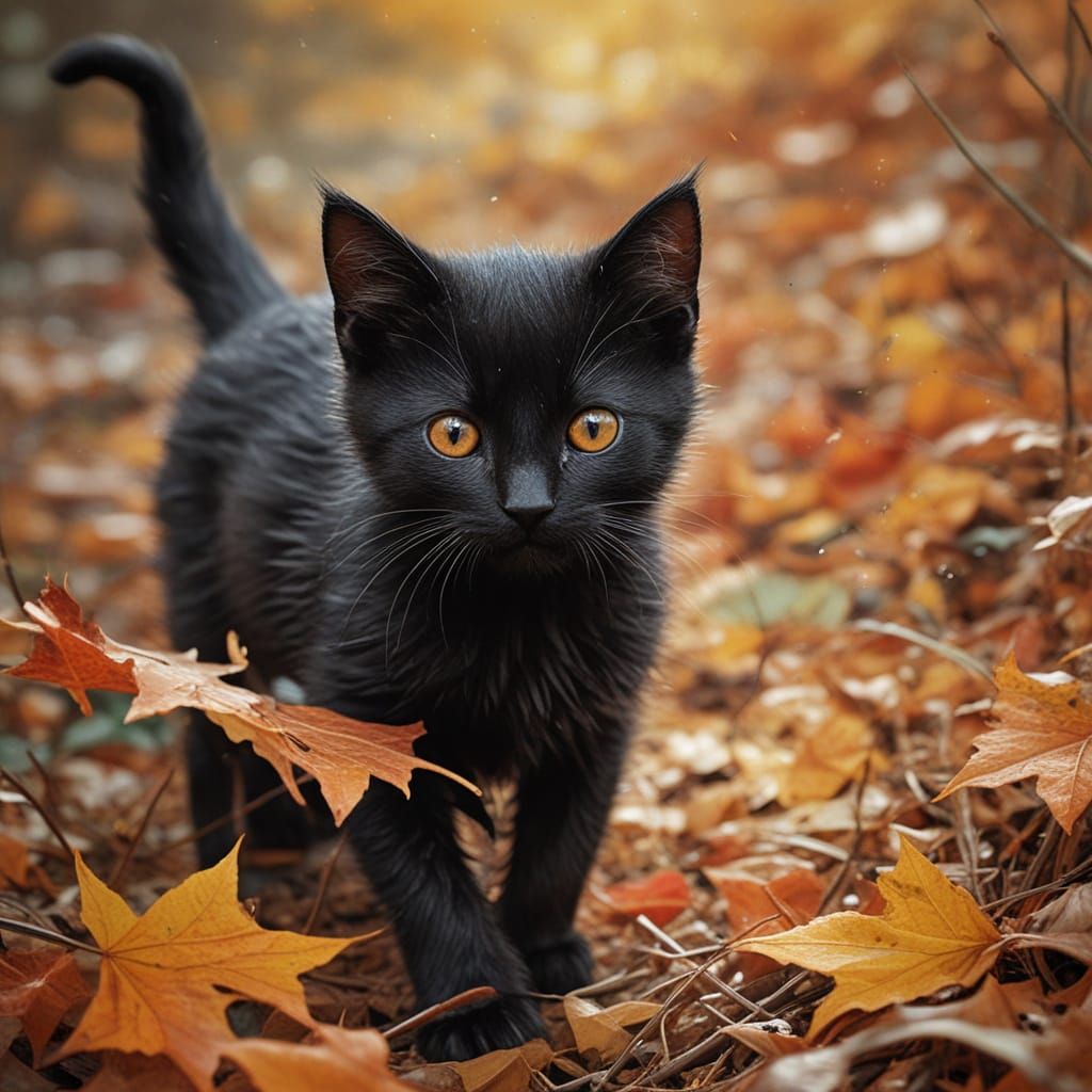 Whimsical Autumn Kitten Amidst Falling Leaves