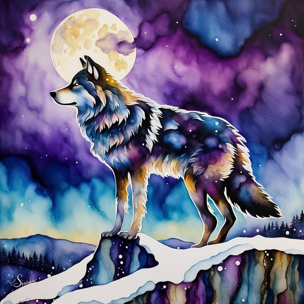 Lone Wolf Howling at Moon in Alcohol Ink Art
