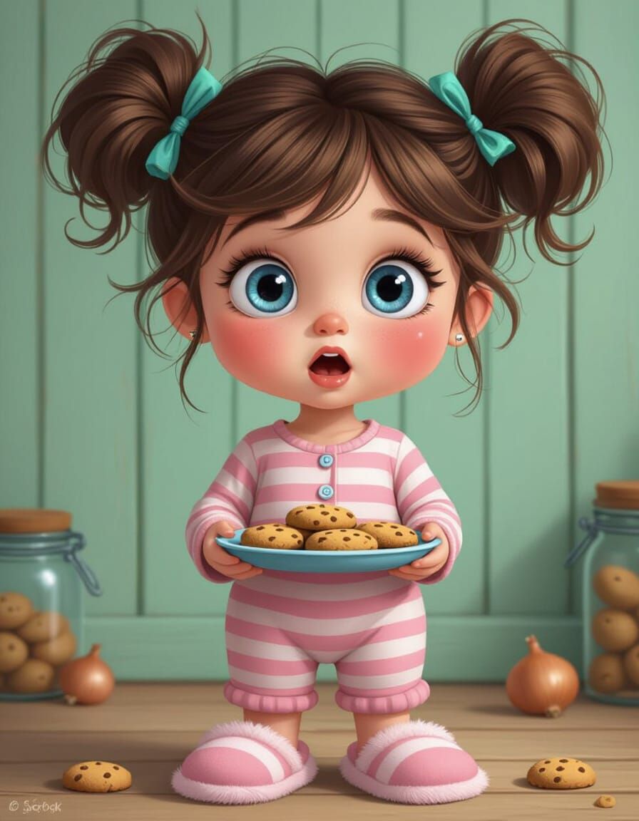 Girl with Wondering Eyes Holds Cookies in Cozy Kitchen