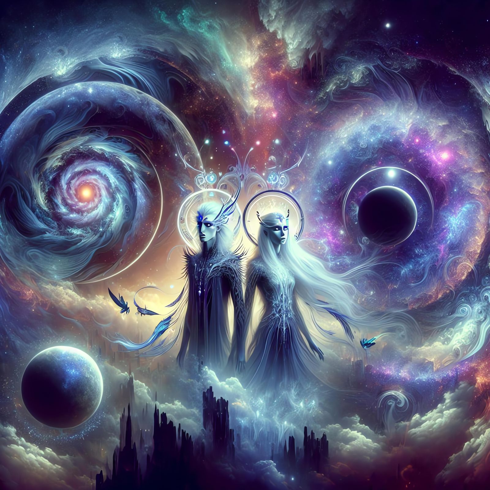 Ethereal Figures at Interdimensional Nexus in Gothic Punk