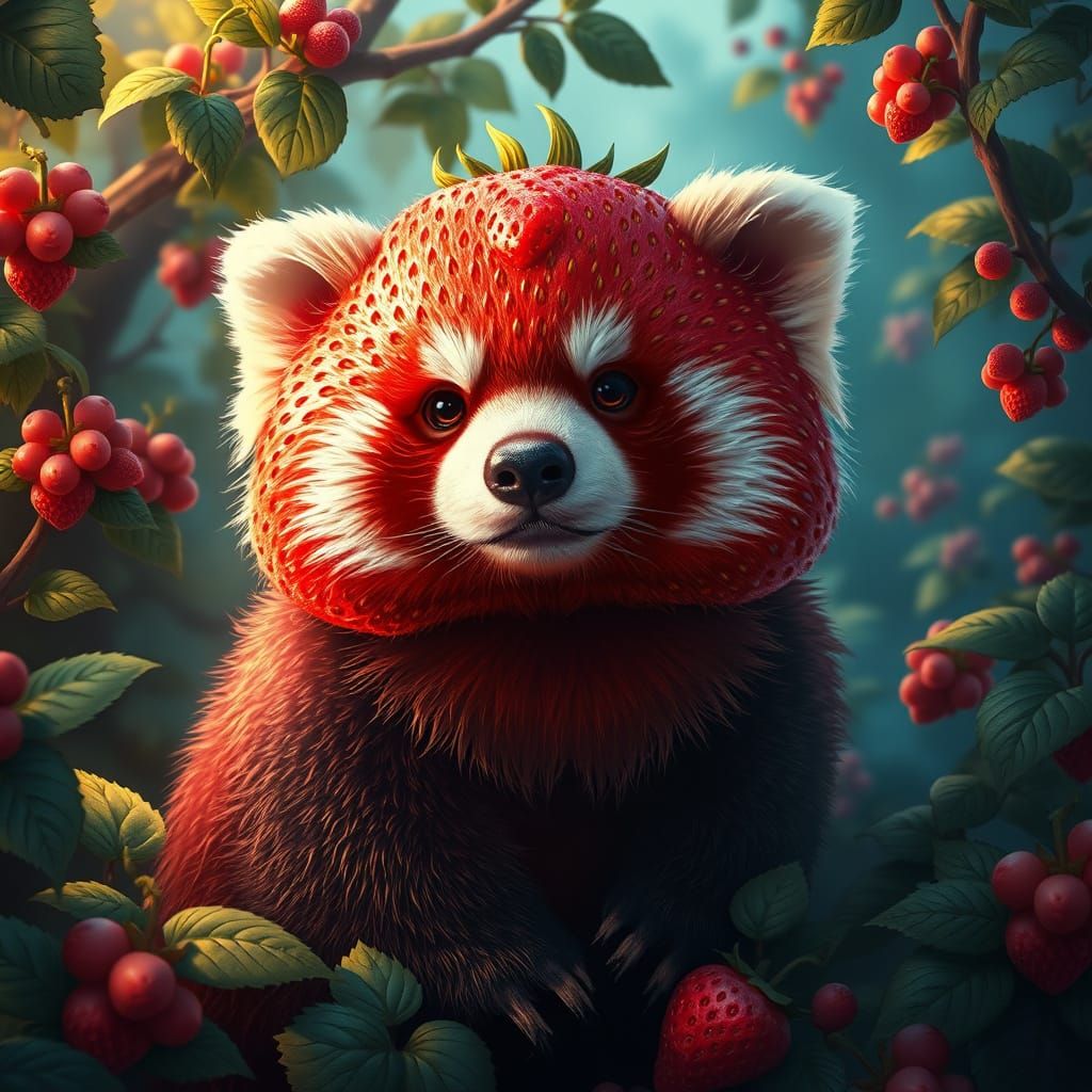 Fantastical Strawberry Panda in Art Nouveau-Inspired Fantasy...