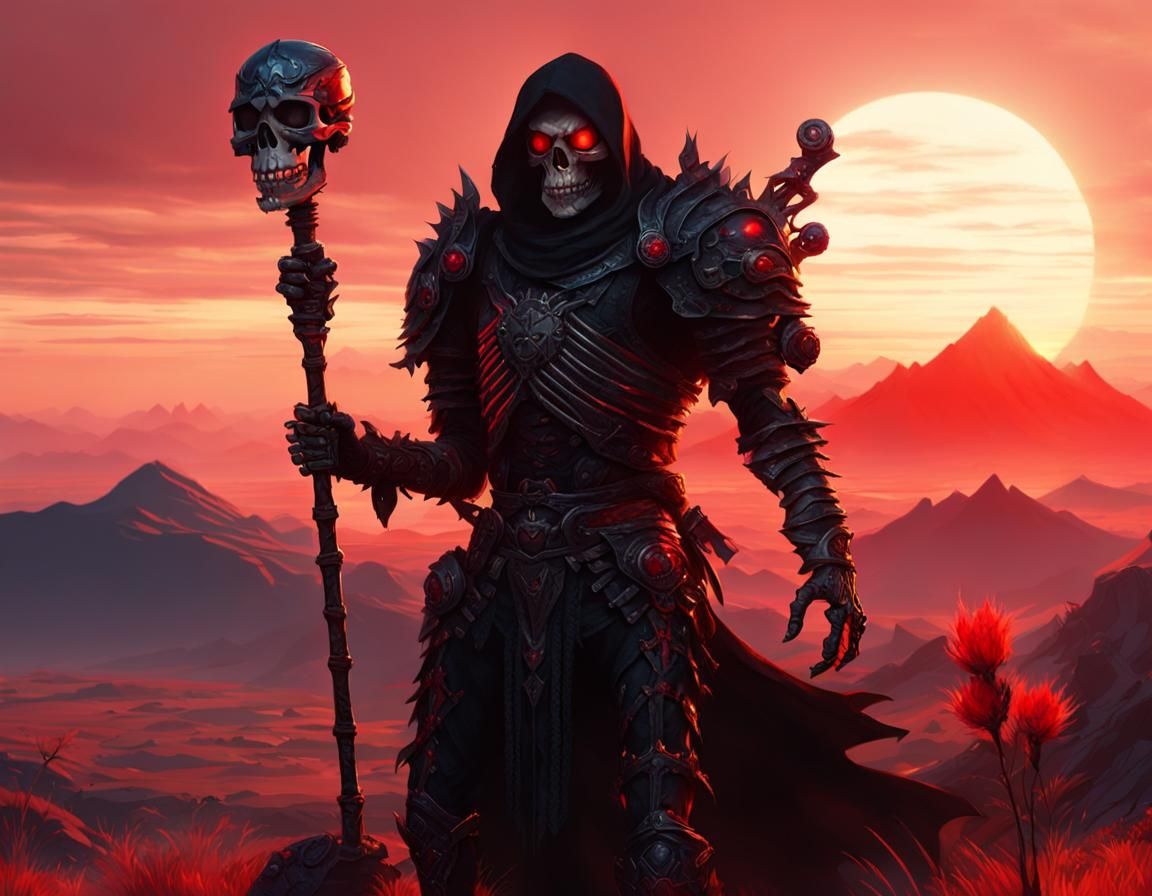 Black Armored Skeleton Arch-Lich with Setting Sun
