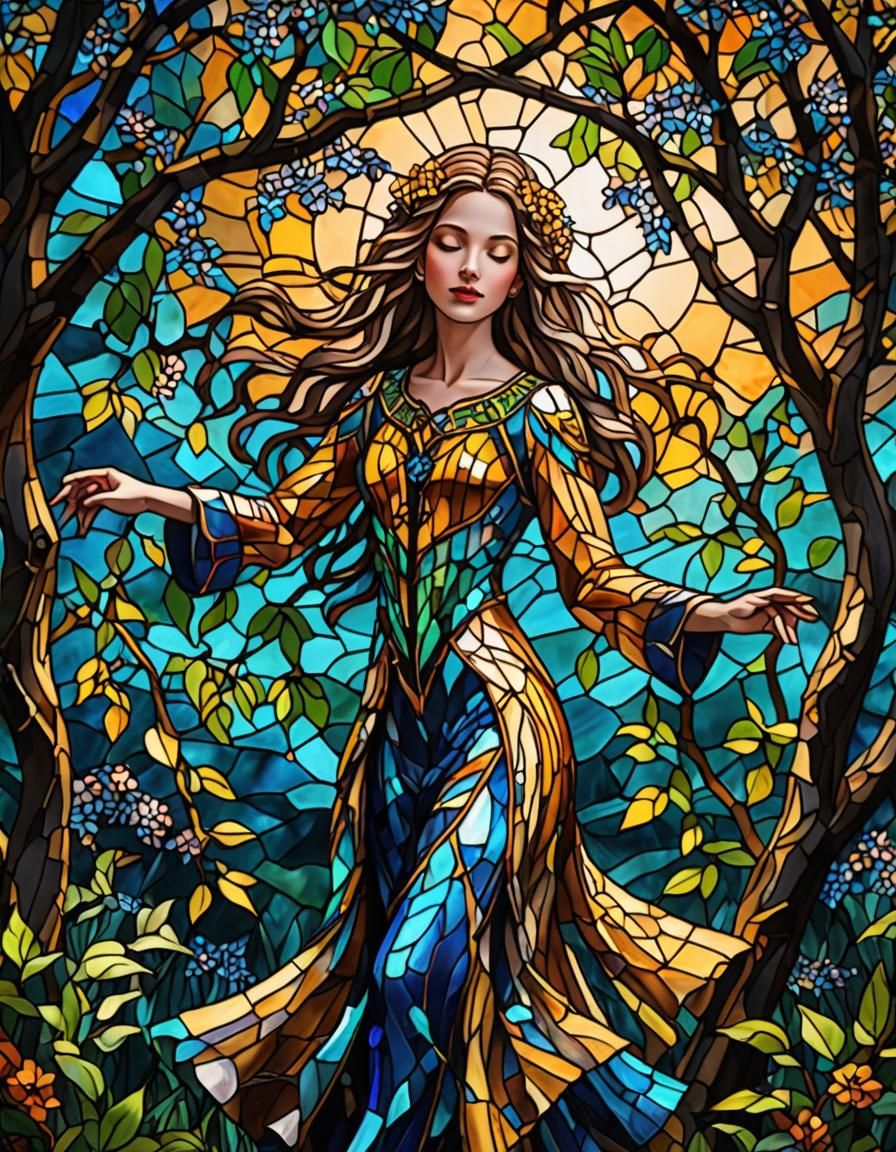 Cinematic Pop up stained glass, mosaic, fantasy girl dancing next to a beautiful flowering weeping willow tree with ivy...