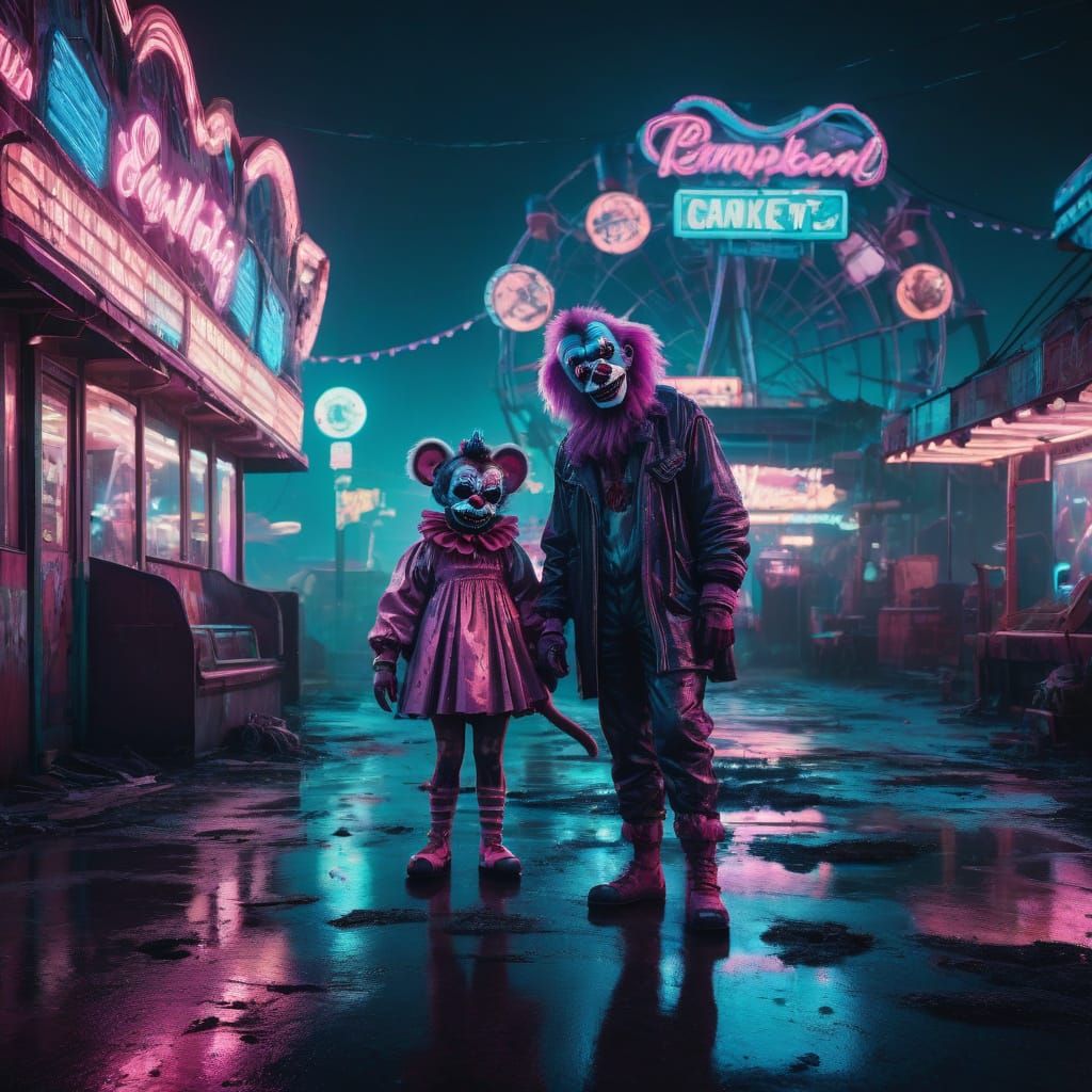 Neon Carnival Nightmare in Retrofuturistic Style