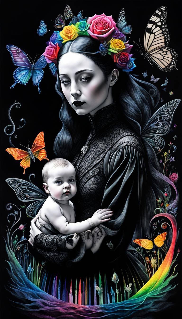 Gothic Mother and Child: Surreal Crayon Art