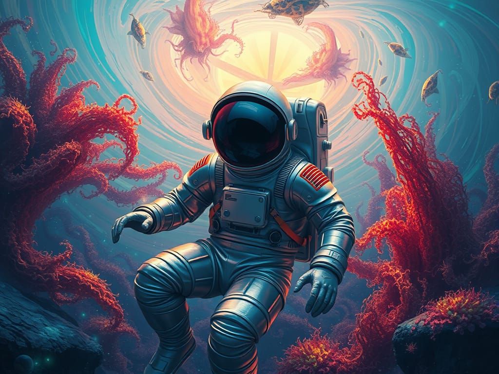 Astronaut Surrounded by Vibrant Oceanic Life in Fantastical ...