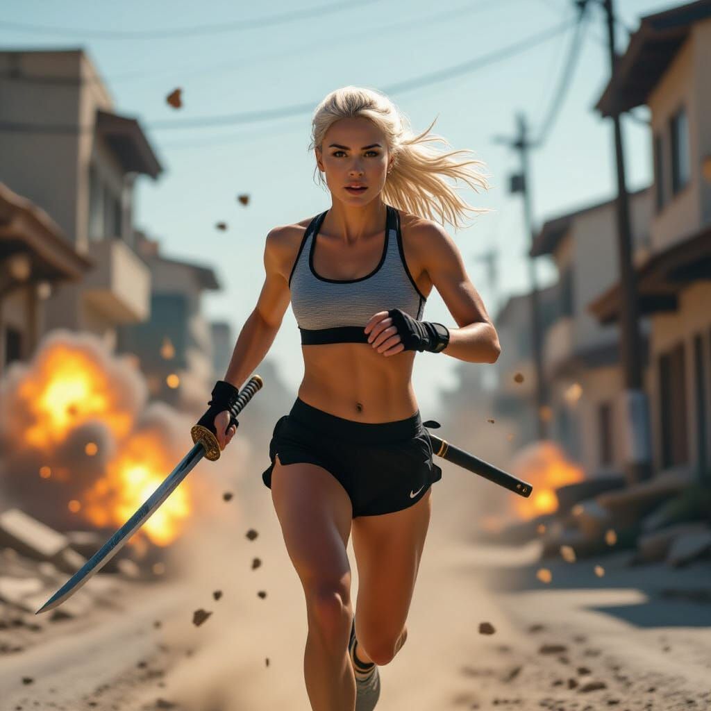 Epic Cinematic Scene of Woman Running Through Explosions
