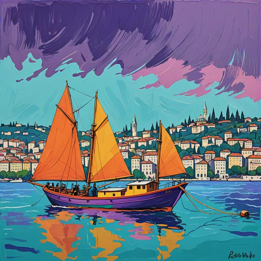 Vibrant Fauvist Fishing Boat on Bosphorus Waters