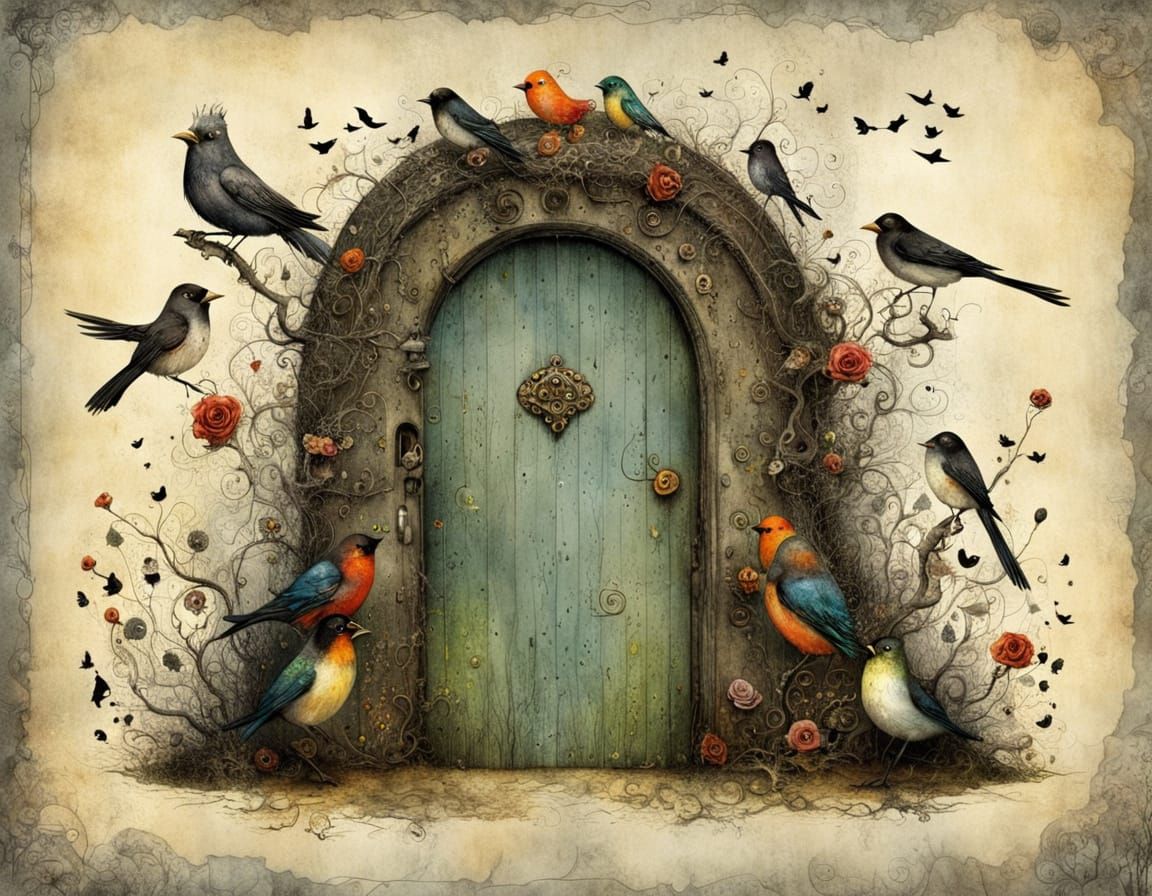 Mysterious Door in Bird Wing: Vintage Illustration