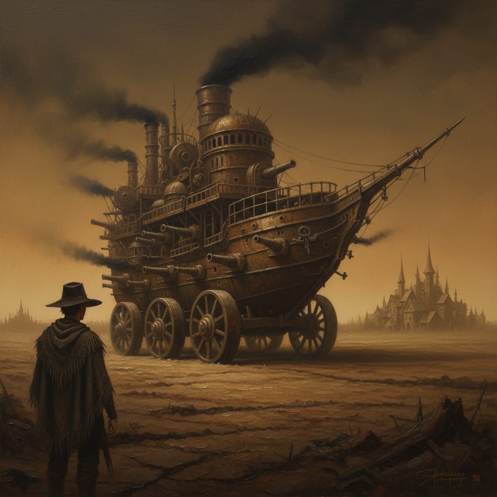 Steampunk Landship in Desolate Wasteland Oil Painting