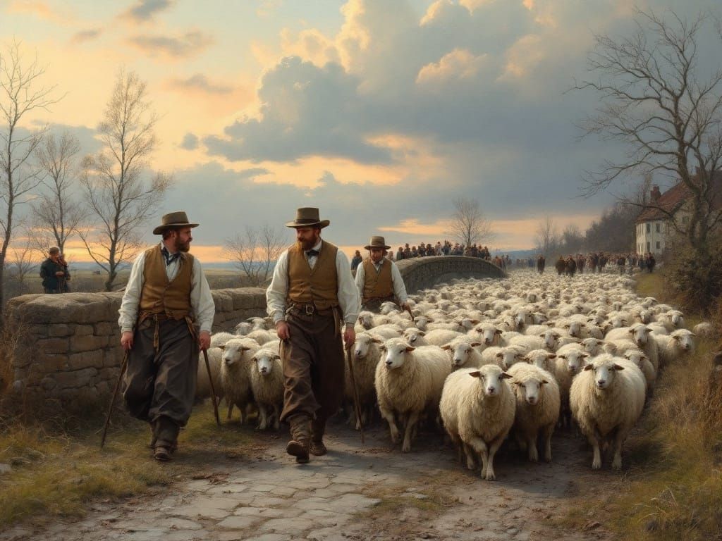 Shepherds Guiding Sheep on Stone Bridge, Illustrative Style