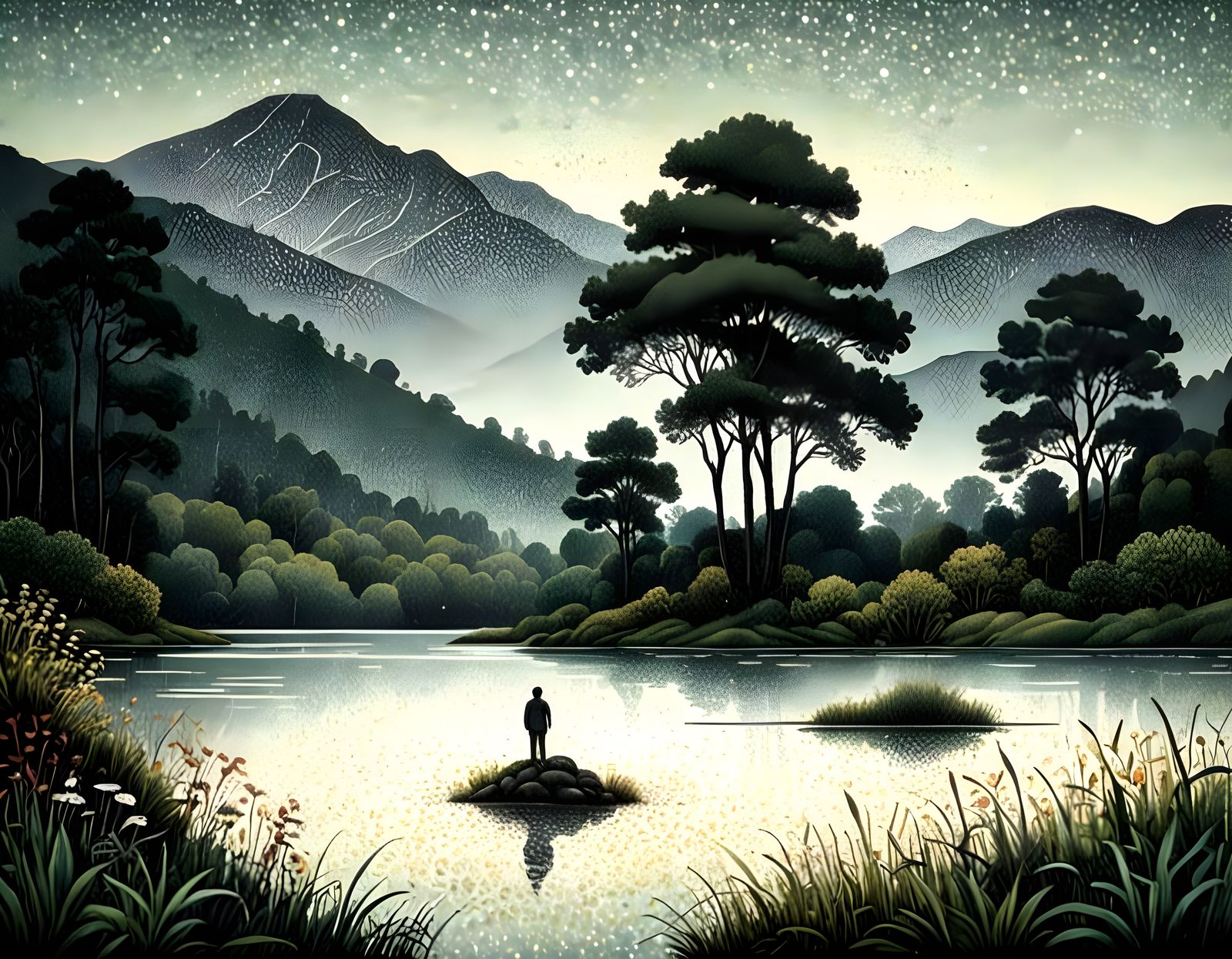 Ethereal Monk in Minimalist Lake Landscape