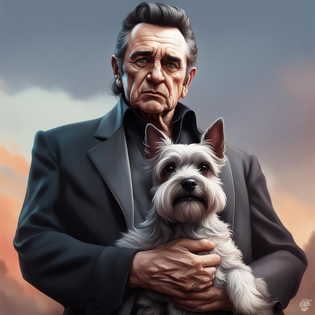 Johnny Cash Portrait with Schnauzer, Hyperrealistic Art