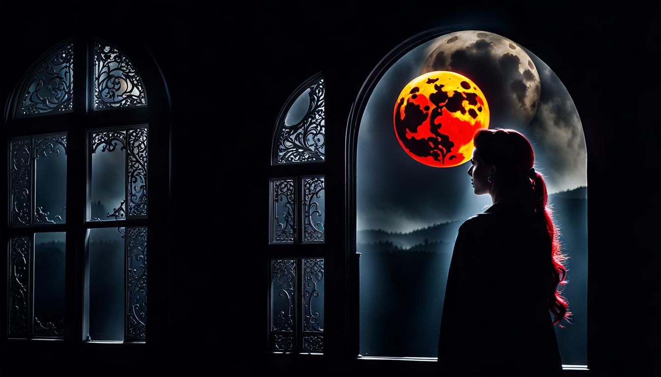 Vampiress Gazing at Lunar Eclipse in Noir