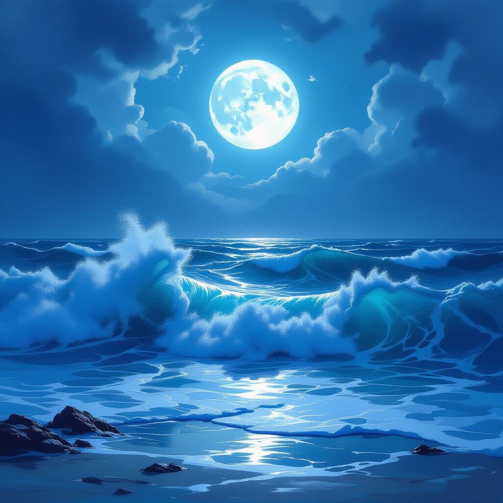 Dreamy Turner-esque Seascape of Turbulent Moonlit Ocean